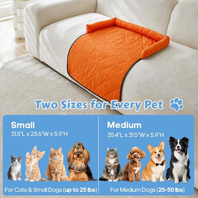 Cooling Dog Bed Mats with Neck & Head Support, 31.5 x 23.62 inch Orange | for Small and Medium Dogs & Cats, Non-Slip, Machine Washable, Protects Sofa from Fur & Scratches