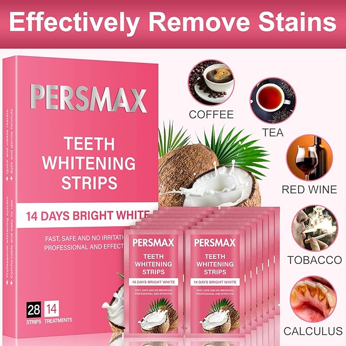 PERSMAX Teeth Whitening Strips for Sensitive Teeth Enamel Safe Smile Whitening Kit, 28 Strips 14 Treatments, No-Slip Remove Coffee Wine Smoking Stains Professional