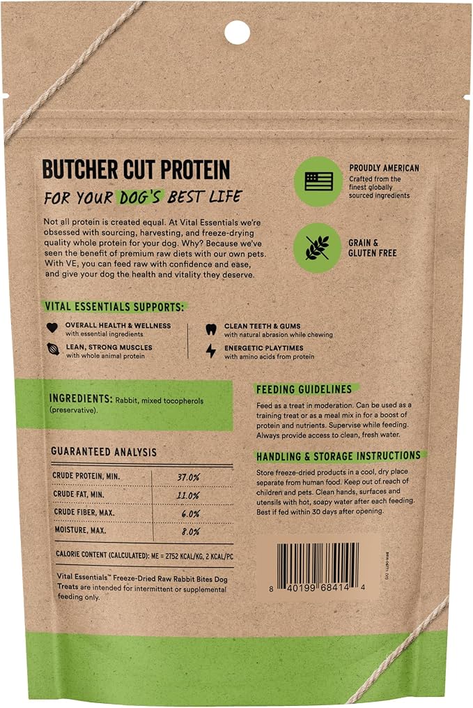 Vital Essentials Freeze Dried Dog Treats, Rabbit Bites, 5 oz Bag | Single Ingredient, Premium Quality Protein, Grain-Free Training Treats, USA Made with U.S. & Globally Sourced Ingredients
