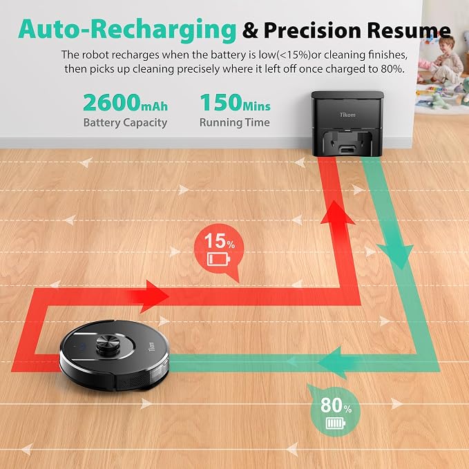 Tikom Robot Vacuum and Mop, Robotic Vacuum Cleaner with Self-Emptying Base | 6000Pa, 90 Days Capacity, LiDAR Navigation, Home Mapping, Ideal for Pet Hair, Hard Floors, Carpet (L8000 Plus)