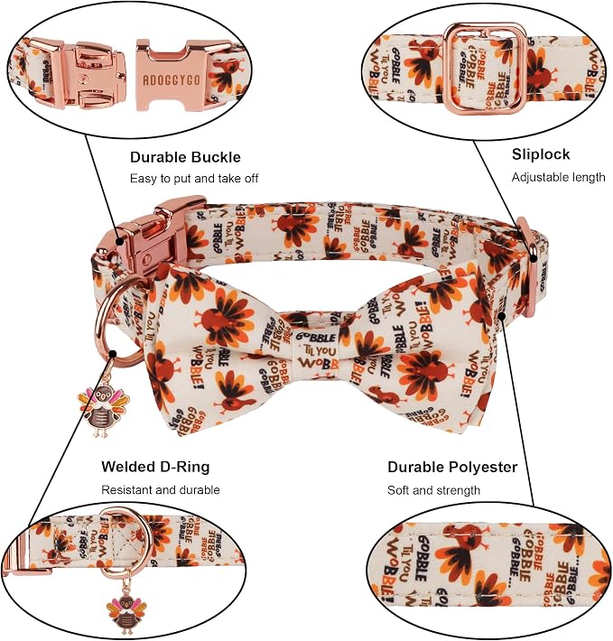 ADOGGYGO Thanksgiving Dog Collars with Bow, Gobble Turkey Pet Collar, M