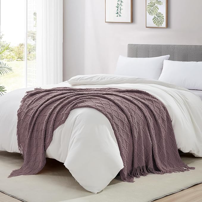 BOURINA Lavender Throw Blanket 50 x70 Inch Jacquard Throw Knitted Blanket | Jacquard Argyle Throw Textured Solid Soft Throws and Blankets for Sofa or Bed Knitted Decorative Blanket