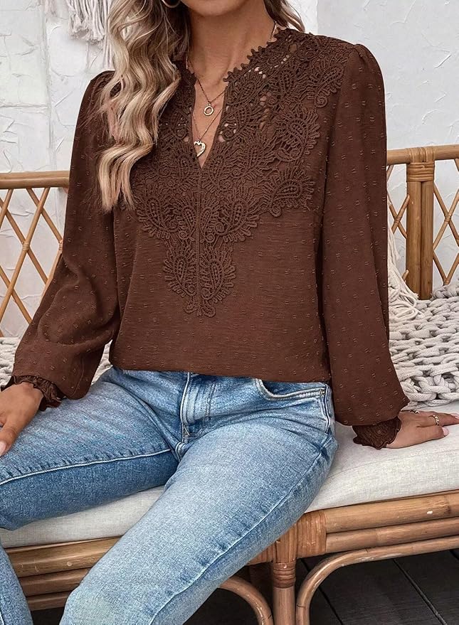 Womens Tops Swiss Dot Boho Long Sleeve Shirts V Neck Casual Chiffon Blouses Flowy Lace Hem Cute Clothing Trendy 2026