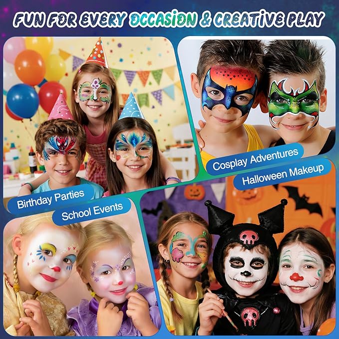 Professional Face Painting Kit for Kids – 42 Color Water-Activated Face Paint Makeup Palette with Stencils, Gems & Brushes – Non-Toxic Body Paint for Parties, Festivals, School Events & Carnival