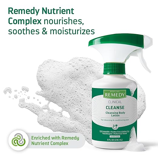 Medline Remedy Clinical Cleansing Body Lotion, 8 Oz Spray Bottle, Vanilla Scent, No-Rinse Bedside Cleanser, Incontinence Care, Moisturizing, Skin Conditioning, Nutrient Rich, Sulfate-Free, Men, Women