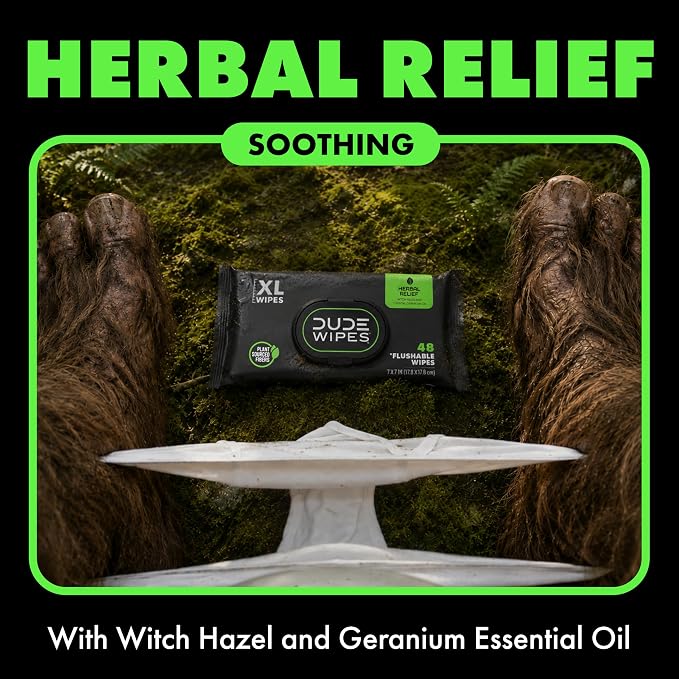 DUDE Wipes Herbal Relief Flushable Wipes - Extra-Large Adult Wet Wipes - 6 Pack (288 Count) - Infused with Soothing Witch Hazel, Geranium Essential Oils, Vitamin E, and Aloe - Septic and Sewer Safe