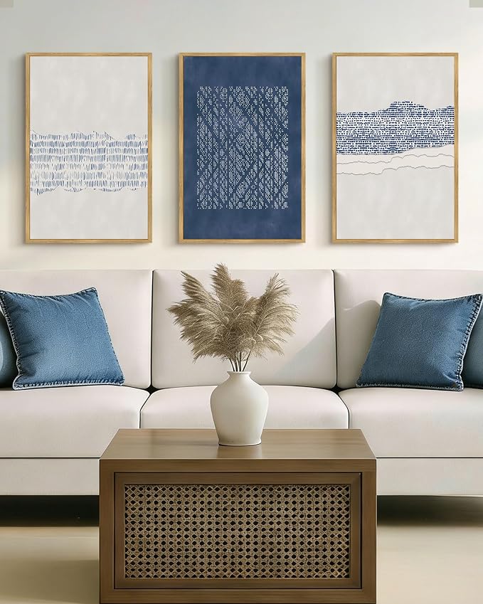 Drsoum Blue Abstract Boho Framed Wall Art Large 16x24in Minimalist Mid-Century Modern Wall Decor Geometric Artwork Kitchen Dining Room Natural Framed