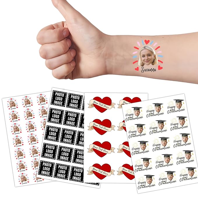 Ubmpj Custom Temporary Tattoos Personalized Temporary Tattoos with Photo Face Name Text for Graduation Bachelorette Birthday Party Wedding Bride Groom