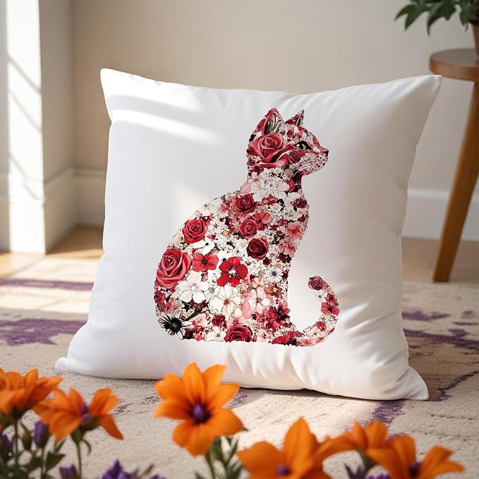 Red and White Floral Cat Pillow Covers 18x18, Gifts for Cat Lovers Mom Lady Owners, Elegant Kitten Kitty Decorative Pillow Covers for Home Bedroom Living Room Decor, Pet Lover Gifts