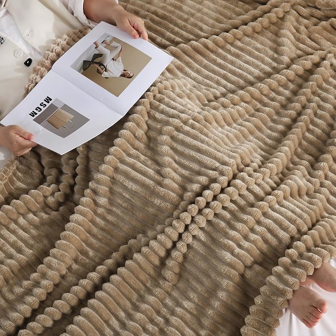 Tan Fleece Throw Blanket 60”×80” for Couch Sofa Livingroom | Super Soft Cozy Plush Microfiber Flannel Bed Blanket Striped Design Lightweight Home Decor Gifts for Adults Mom Women
