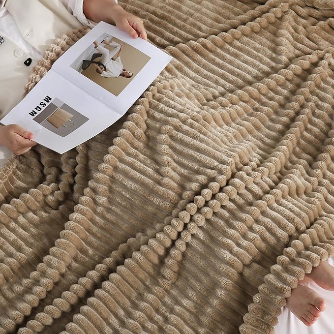 Tan Fleece Throw Blanket 90”×90” for Couch Sofa Livingroom | Super Soft Cozy Plush Microfiber Flannel Bed Blanket Striped Design Lightweight Home Decor Gifts for Adults Mom Women