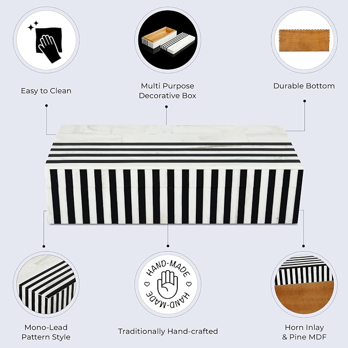 Handicrafts Home Large Decorative Storage Box with Lid – Black White Modern Storage Box, Remote Control Organizer for Coffee Table, Console & Living Room Decor – Mono Lead 12 x 6 x 2