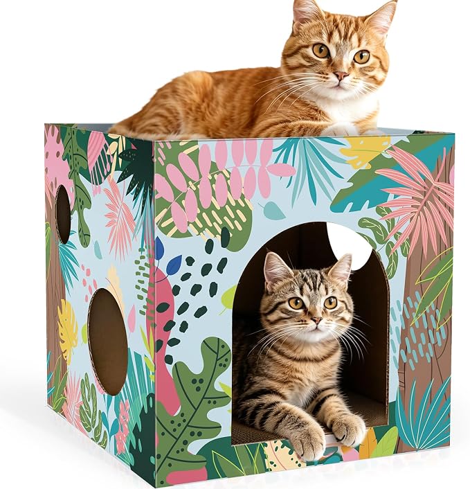 Cinrobiye Cardboard Cat House with 2 Pcs Scratching Pad，Pet Hideaway Cave Board Bed Playhouse Condo Box Decor Small Animals Scratcher Bed for Indoor Cats Kittens Rabbits Bunny