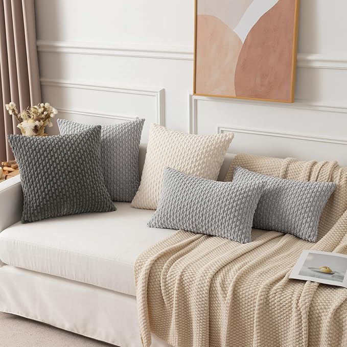Kevin Textile Soft Corduroy 16"x24" Lumbar Pillow Cover 1 Pack, Light Grey | Boho Stripe Plush Corduroy Decorative Oblong Cushion Cover Modern Farmhouse Home Decor for Sofa Couch Bed Chair