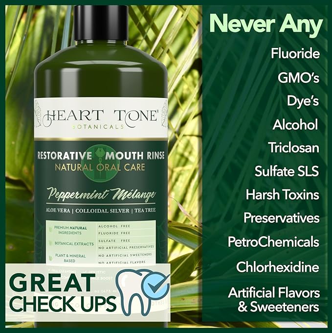 Heart Tone Botanicals Nano Silver Mouthwash | All Natural | Adult Restorative Mouth Rinse | Aloe Vera, Colloidal Silver, & Tea Tree | Complete Oral Care & Fresh Breath | Fluoride, GMO, & Alcohol Free