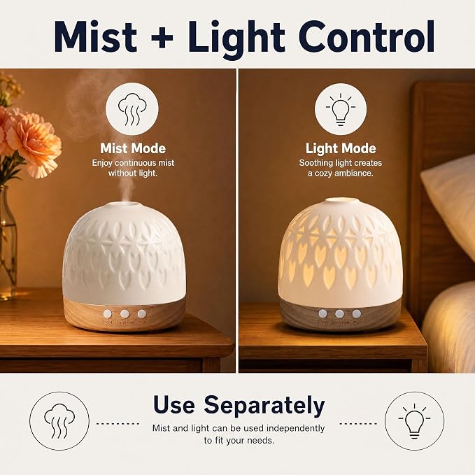 Ceramic Diffuser - 300ML Essential Oil Diffuser,White Porcelain Design, Quiet Cool Mist, 4 Timer Modes, Auto Shut-Off, Night Light for Bedroom and Home