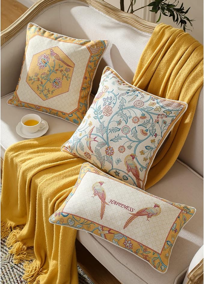 patdrea French Vintage Linen Throw Pillow Cover,18"x18"-Magnolia A | Decorative Pillow Case with Zipper,Yellow Floral Pattern,Cushion Coverfor Couch Living Room Bedroom Sofa