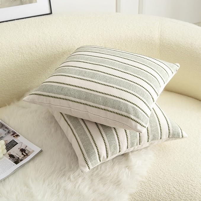 Cethom Decorative Boho Throw Pillow Covers, Farmhouse Textured Pillow Case, 18 x 18 Inch Set of 2, Chair Sofa Bedroom Living Room Home Decor Couch Cushion Case, Olive Green and Beige Striped