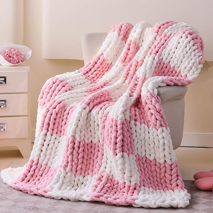 Chunky Knit Blanket Throw for Couch, 51"x63" Chunky Yarn Knitted Blankets | 100% Hand Knit Thick Chenille, Soft Breathable for Bed, Sofa, Home Decor, Cozy Gifts for Women Friends, Pink Checkered