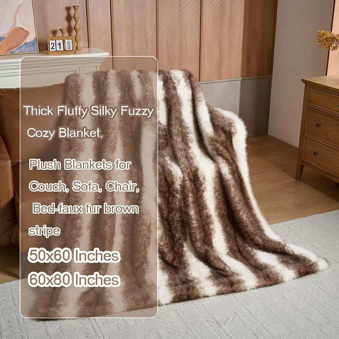 Luxury Fluffy Faux Fur Throw Blanket,Thick Fluffy Silky Fuzzy Cozy Blanket,Plush Blankets for Couch, Sofa, Chair, Bed-Faux Fur Brown Stripe 50 * 60inch