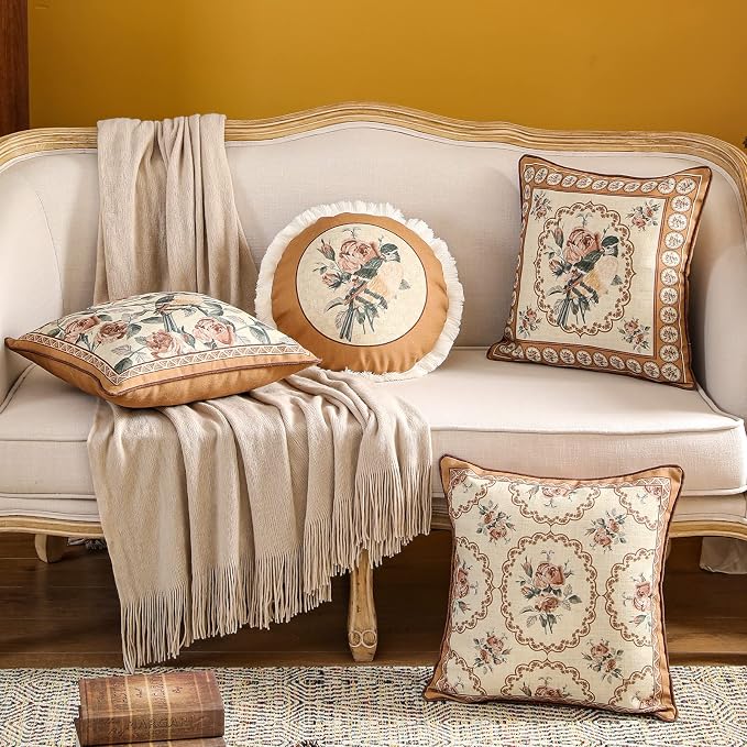 patdrea French Vintage Linen Pillow Cover,Diameter 16"-ParkerEstate D | Decorative Pillow Case with Zipper,Bird and Floral Pattern,Cushion Coverfor Couch Living Room Bedroom Sofa