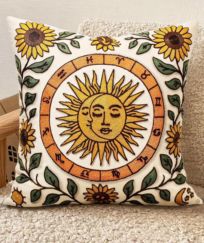 Embroidered Throw Pillow Cover 20x20 Inch, Sunflower Moon | Decorative Pillow Cover, Farmhouse Boho Cushion Case with Hidden Zipper, Autumn Decor for Couch, Sofa, Living Room, Bedroom