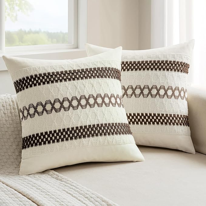 MIULEE Set of 2 Dark Brown Boho Decorative Pillow Covers 18x18 Inch | Fall, Farmhouse Couch Throw Pillows, Modern Spring Cotton Cushion Covers, Macrame Woven Home Decor for Bed Sofa Chair