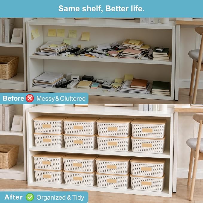 4 Pack Plastic Storage Bins with Bamboo Lids, 6.2qt Stackable Storage Organizer Box with Lable for Pantry Shelves Drawers Desktop Office, 12"L x 8.3"W x 3.5"H, Cream White