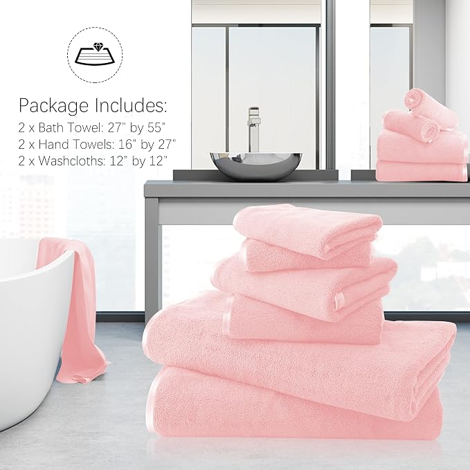 TENSTARS Luxury Silk Hemming Towel Set - Light Thin Quick Drying - 2 Bath Towels 2 Hand Towels 2 Washcloths - Ultra Soft Microfiber Towel for Bath Fitness, Sports, Yoga, Travel (Pink 6 Pieces)