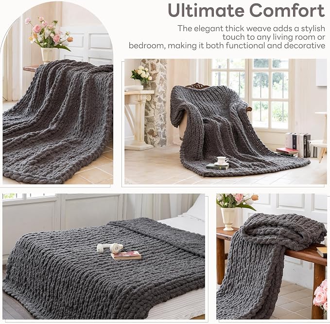 Chunky Knit Blanket - Luxury Soft Cozy 60 * 80 Throw Blanket,100% Woven Blanket Rope Knot Throw Blanket for Couch, Sofa, Home Decor, Gift - Machine Washable (Black Gray, 60 * 80)