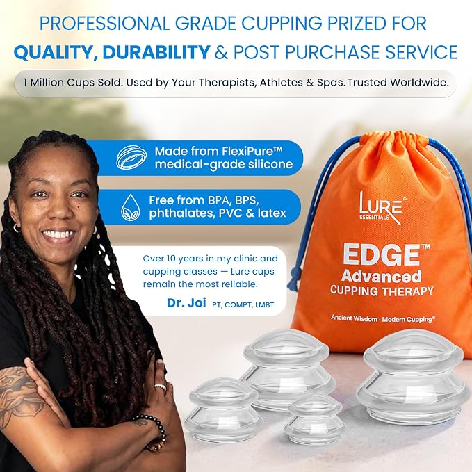 Lure Essentials Edge Silicone Cupping Set, Cupping Kit for Massage Therapy, Long Lasting Cups for Professional & Home Use, Body Sculpt Cup for Cellulite, Ultra Transparent Clear