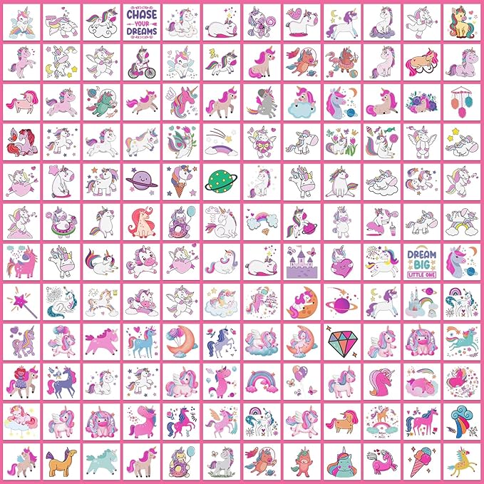 Partywind 408 PCS Kids Tattoos for Party Supplies, Individually Wrapped Sheet Temporary Tattoos Stickers for Kids Goodie Bag Stuffers, Fun Birthday Party Favors - Unicorns