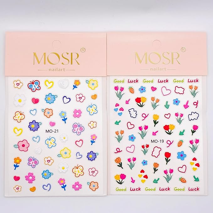 3D Embossed Korean Style Spring Bloom Nail Art Stickers, Flowers, Butterflies, Bunnies, Rainbow, Hearts, Self-Adhesive, Easy DIY for Everyday Outfit. (Butterfly+Tulip) 2-Pack