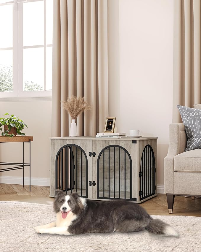 Hzuaneri 39.4'' Dog Crate Furniture,Dog Kennel Indoor for Medium/Large Dogs | Dog Kennel Furniture Wooden Dog Cage Heavy Duty Dog Crate Decorative Pet House End Side Table TV Stand,Greige Black DFC84105B