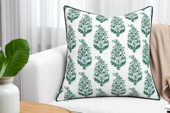 Green Floral Bouquet Print 20x20 Throw Pillow Cover, Green | Green Floral Bouquet sprigs on off-white slub, green piping; both sides printed; hidden; cover only