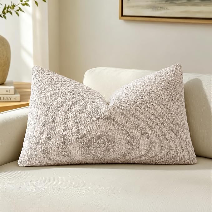 MIULEE Textured Boucle Lumbar Pillow Cover for Bed 12x24 Beige | Pack of 1 Textured Neutral Couch Throw Pillow Cover, Accent Solid Pillowcase, Sofa Living Room Home Decor
