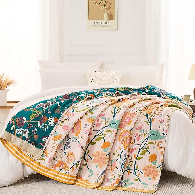 XIBLC Boho Throw Blanket for Bed, 100% Cotton Soft Rustic Quilt Fall Blanket, 90"x98" Floral Printed Farmhouse Decor Bed Blankets, All Season Rustic Reversible Bohemian Throw Quilt