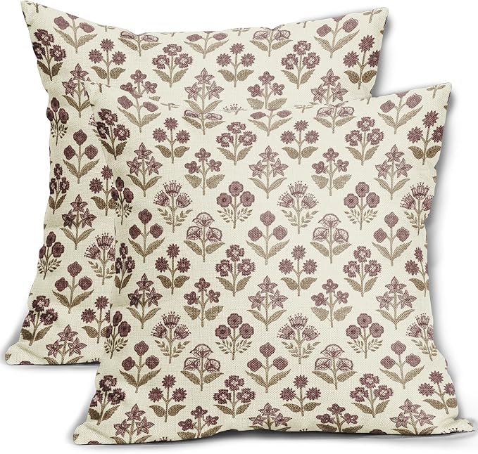 Brown Burgundy Red Floral Pillow Covers 22x22 Inch Set of 2, Vintage Flower Block Print Pattern Decorative Throw Pillowcases Outdoor Farmhouse Cushion Covers Spring Summer Rustic Sofa Couch Bed Decor