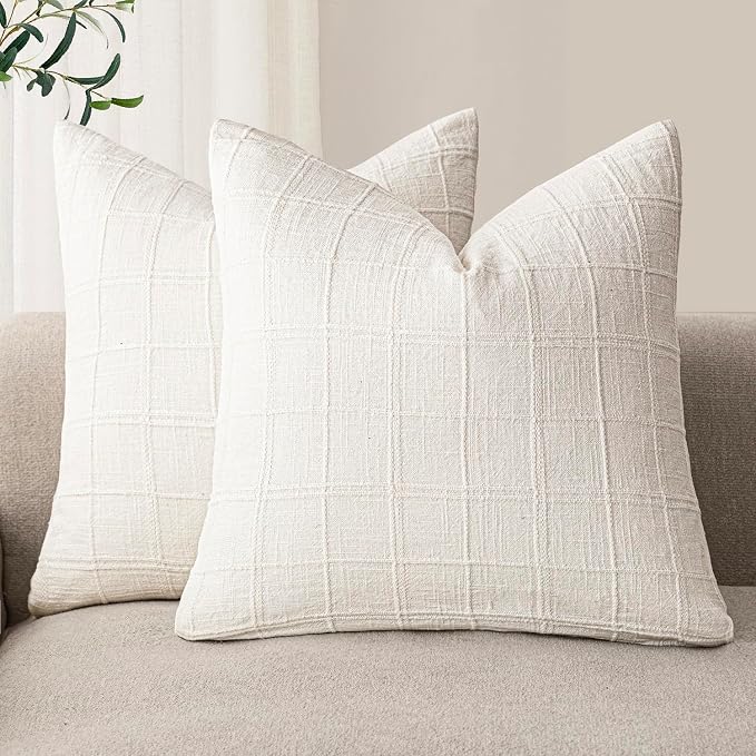 Foindtower Set of 2 Decorative Linen Check Throw Pillow Covers Neutral Farmhouse Vintage Cushion Covers Modern Boho Home Decor for Sofa Chair Couch Bedroom Living Room,20×20 Inch,Cream White