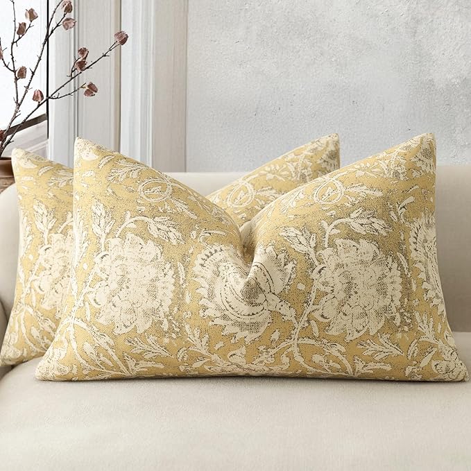 Vintage Floral Print Throw Pillow Covers 12x20 Set of 2 Neutral Modern Farmhouse Pillowcases Accent Decorative Cushion Covers Boho Home Decor for Couch Sofa Chair Bed Living Room, Yellow