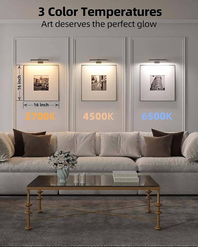 EZVALO Picture Light for Wall, Rechargeable 2400mAh Lights Wireless with IR Remote, 3 Color & Dimmable Magnetic 7.8'' LED Lights Display for Painting, Living Room, Gallery, Bedroom(Black-3P)