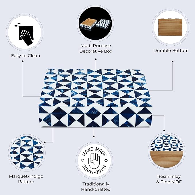 Handicrafts Home Blue and White Decorative Storage Box with Lid – Slim Decorative Storage Box, Handmade Resin Inlay Wooden Box, Remote Holder, Desk Organizer, Small Keepsake Box- 5x7x1.5
