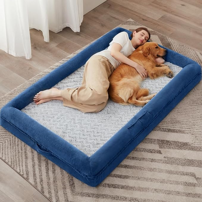 WNPETHOME Human Dog Bed Orthopedic for Adult & Dogs Comfy Sleeping | Washable Waterproof Dog Couch with Removable Cover, Large Pet Sofa Bed with Bolster Sides for Relaxing Blue 71x46 Inch