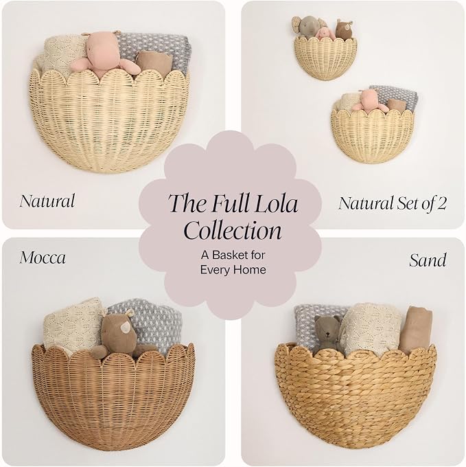 BEBE BASK The Original Scalloped Wicker Wall Basket – Set of 2 (16x10x7 In) | Handwoven Scalloped Wall Baskets, Rattan Wall Hanging Baskets, Wall Storage Basket for Nursery, Living Room, Mocca