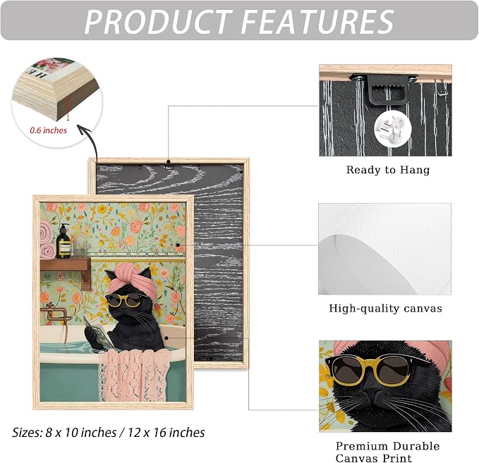 ICHZUMW Framed Funny Black Cat in Bathtub Canvas Bathroom Wall Art 12x16 In | Humorous Cat Wearing Sunglasses Reading Book, Girly Pink Dopamine Bathroom Wall Decor, Restroom Powder Room, Ready to Hang