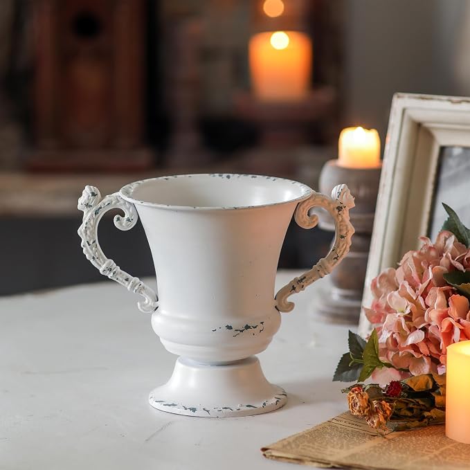 SOFE Distressed White Metal Vase, Decorative Flower Vase 7 Inch Tall | Small Urn Planter for Wedding Home Decor, Ideal Shelf Decor, Living Room Dining Room, Kitchen Office Table Centerpieces
