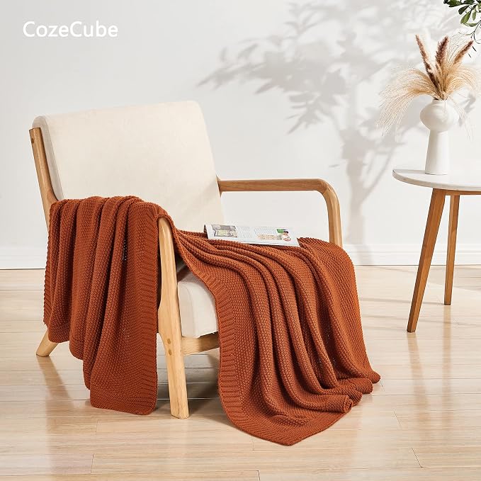 CozeCube Burnt Orange Seed Stitch Throw Blanket 60"x80", Farmhouse Decor | Blanket for Couch, Soft Cozy Cable Knit Throw for Bed Sofa Living Room, Lightweight Warm Decorative Christmas Blanket