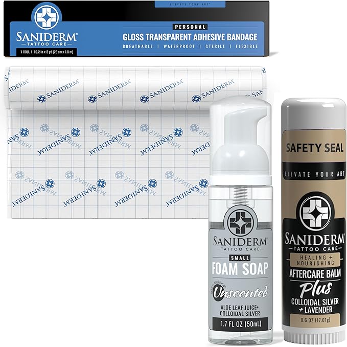 Saniderm Tattoo Recovery Bundle (3 items) – Aftercare Bandage Roll (10.2 in x 2 yd) + Foaming Soap (1.7oz) + Aftercare Balm PLUS+ (0.6 oz)