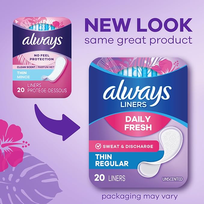 Always Daily Fresh Thin Liners, Regular Absorbency, Unscented Panty Liners, 864 Count, Pack of 4