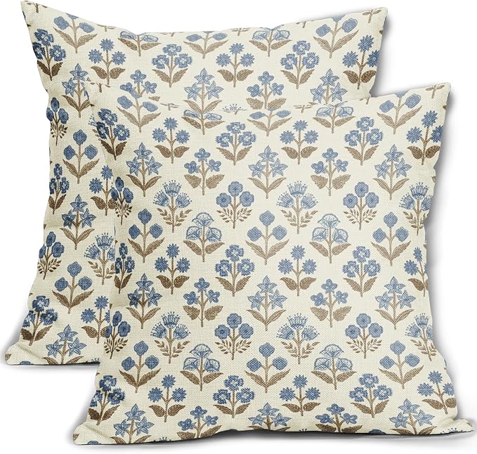 Brown Blue Floral Block Print Pillow Covers 16x16 Inch Set of 2, Vintage Flower Pattern Decorative Throw Pillowcases Outdoor Farmhouse Cushion Covers Spring Summer Rustic Sofa Couch Bed Decor